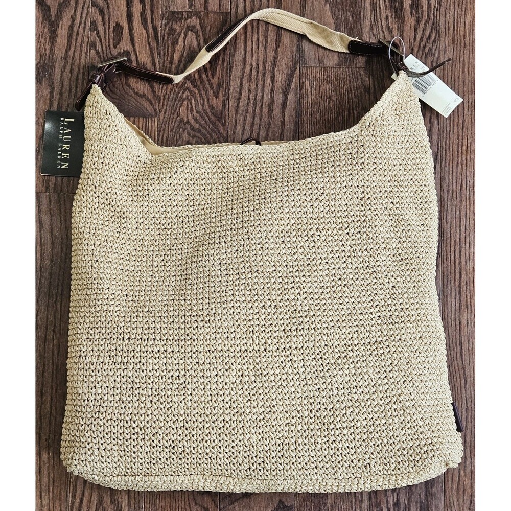 Y2k Ralph Lauren Women's Large Leather Handle Basket Weave Beige Tote Bag NWT